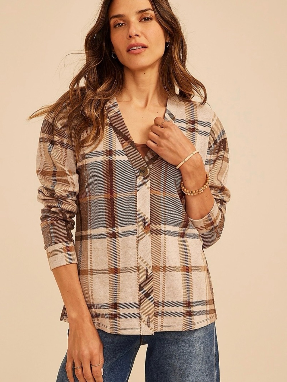Plaid Button-Down Shirt in Beige and Brown